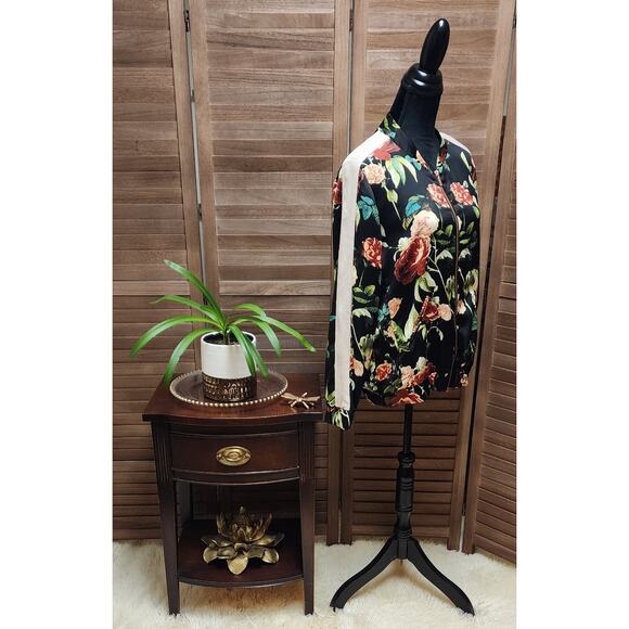 Jeans By Buffalo Womens Size Large L Retro Floral Rose Zip-Up Black Jacket - Picture 2 of 7